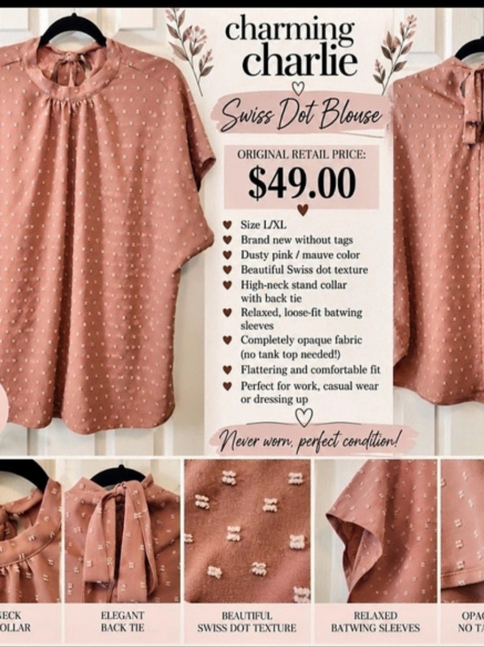 Charming Charlie Swiss Dot Blouse Pink XL